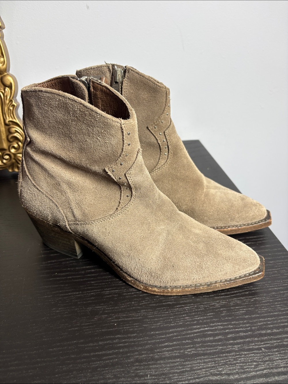 All Saints Women's Suede Ankle Booties in Taupe - Western-Inspired Low Heel